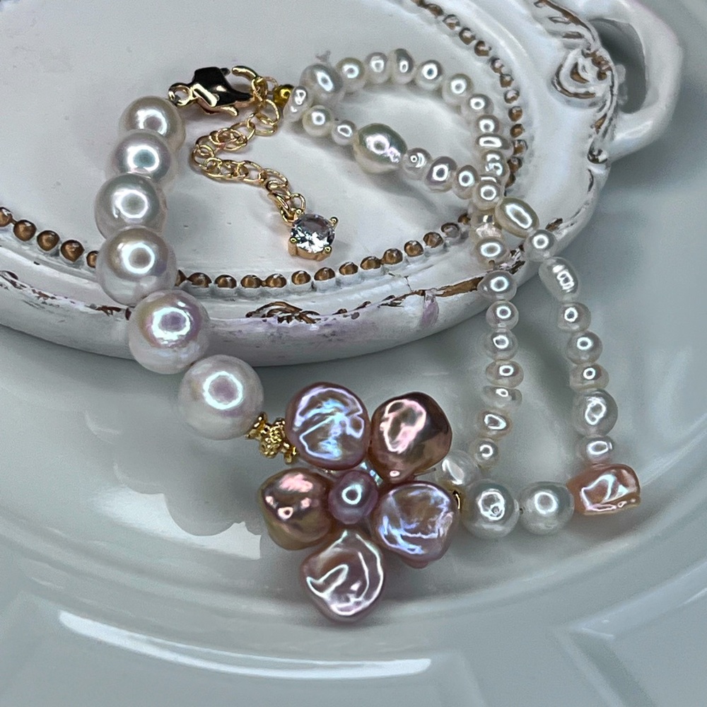Handmade Freshwater Metallic Keshi Flower 🌺 Pearl Edison Pearl Braided Bracelet